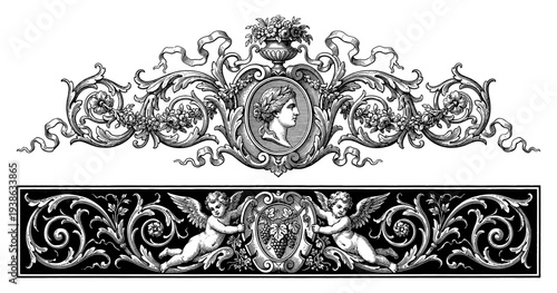 Ornamental baroque border set with female profile and cherub