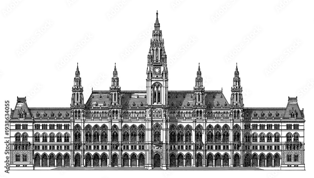 Fototapeta premium Vienna City Hall facade in Neo Gothic engraving style