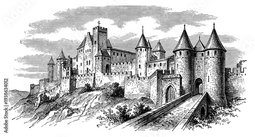 Medieval fortified city of Carcassonne in vintage engraving
