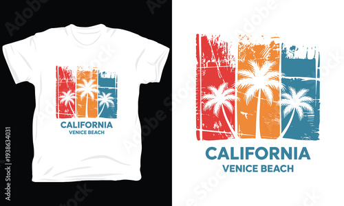 California venice beach t shirt design with palm trees and sunset summer vector illustration
