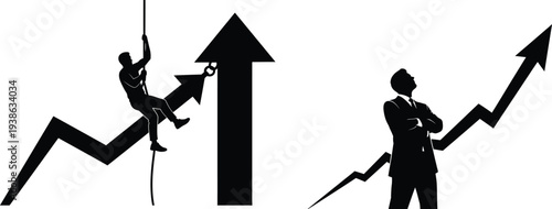 Business growth and stock market trends analysis with silhouette figures