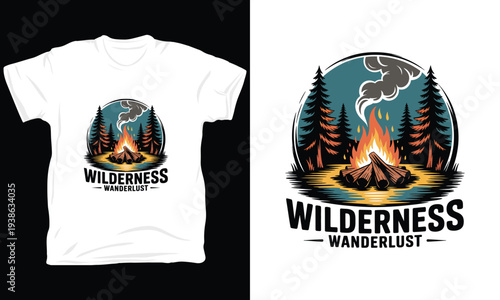 Wilderness wanderlust campfire vector illustration in forest setting for outdoor enthusiasts