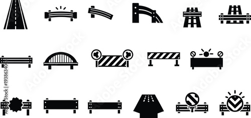 Road construction symbol icons set featuring barriers bridges and traffic control