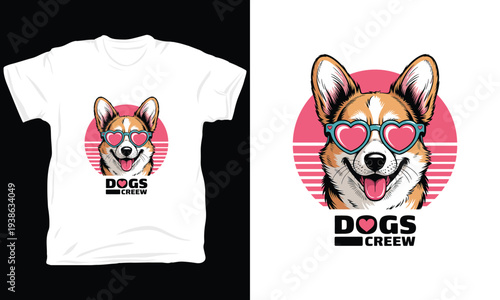 Dogs creew corgi puppy wearing heart shaped sunglasses vector illustration for pet lovers art
