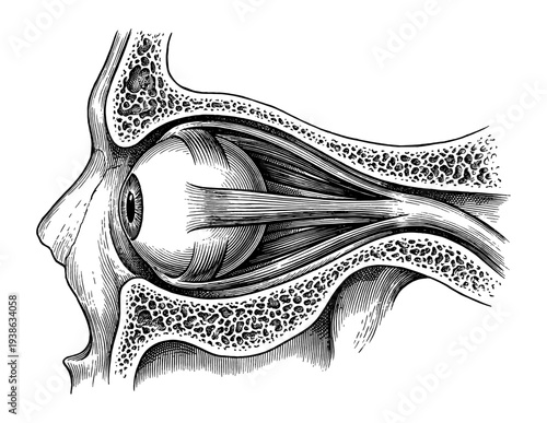 Human eye anatomy in orbit with muscle and optic nerve engraving