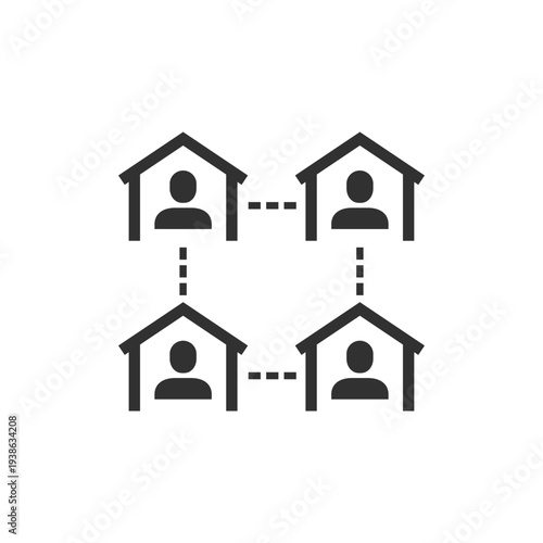 Connected houses with people icon. Home network and remote communication. Monochrome black and white symbol