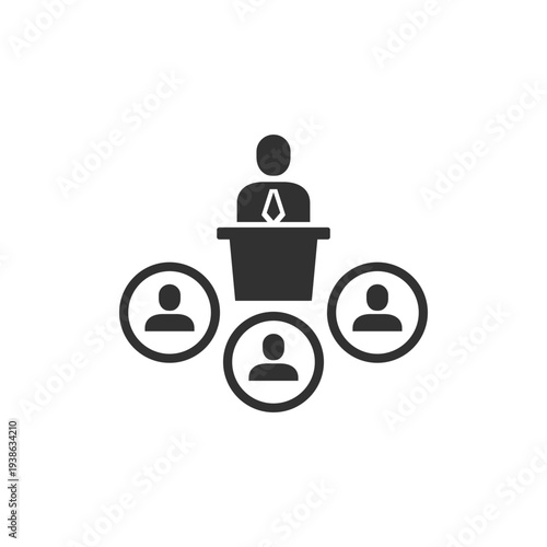 Speaker presenting to audience icon. Public presentation and leadership communication. Monochrome black and white symbol