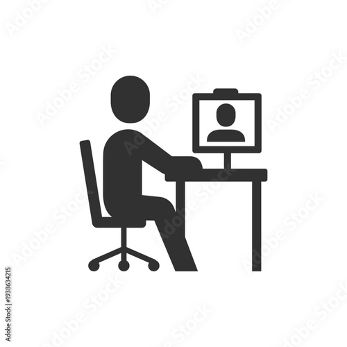 Person working at computer with video window icon. Remote work and online meeting. Monochrome black and white symbol