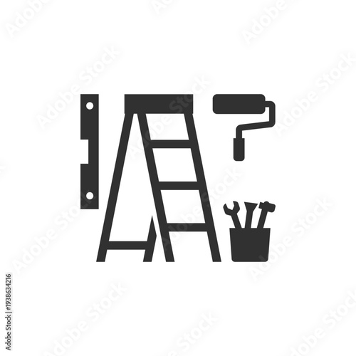 Ladder with painting tools icon. Home repair and renovation equipment. Monochrome black and white symbol