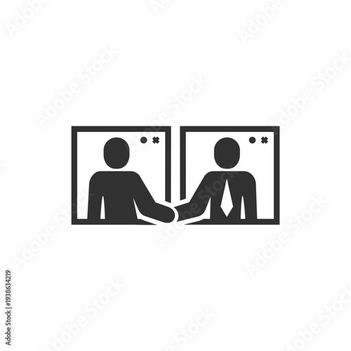 Handshake through video window icon. Online meeting and digital agreement. Monochrome black and white symbol