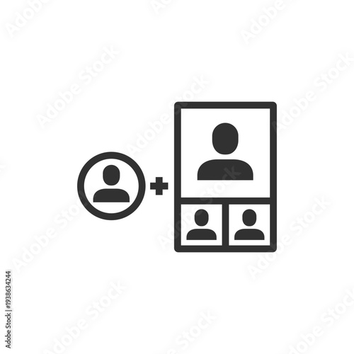 User profile with connected people icon. Social network and contact connection. Monochrome black and white symbol