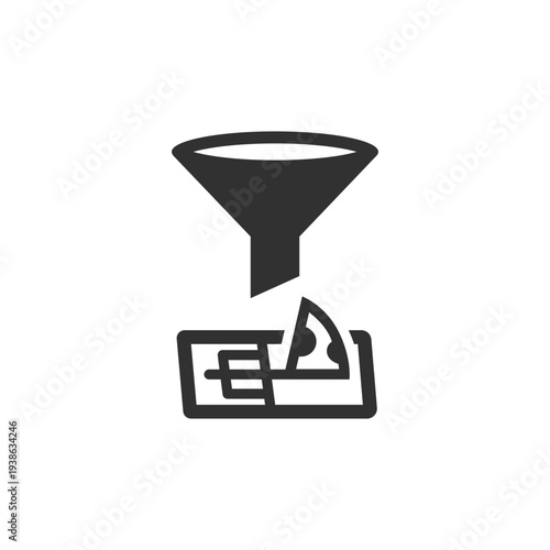 Funnel leading to mousetrap icon. Scam trap and fraud scheme concept. Monochrome black and white symbol