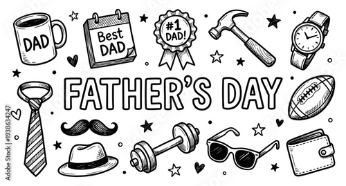 Father's Day doodle set in hand drawn sketch style