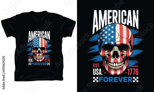 American forever skull vector illustration featuring usa flag pattern and 1776 founding date