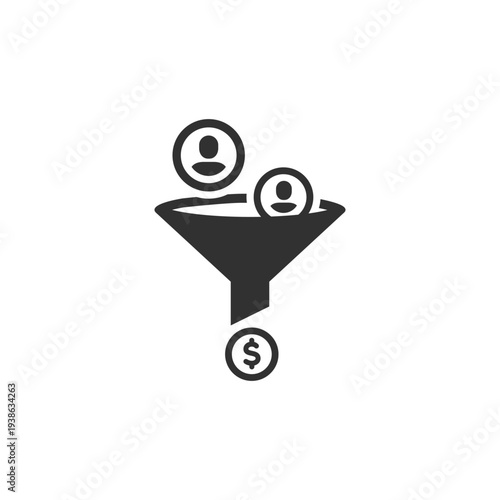 People entering funnel with coin icon. Lead generation and monetization process. Monochrome black and white symbol