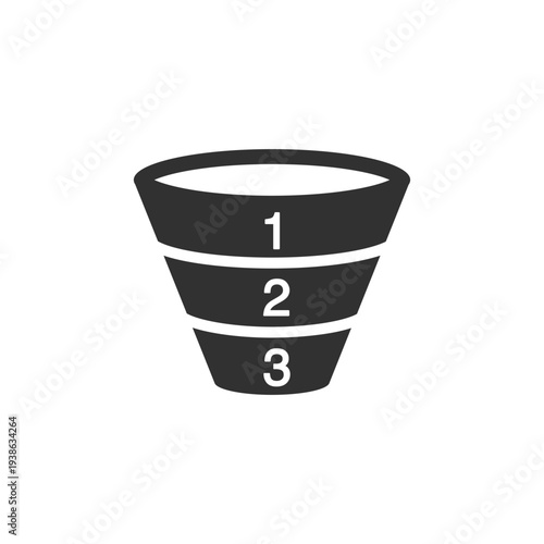 Funnel with stages 1 2 3 icon. Marketing funnel stages and sales pipeline levels. Monochrome black and white symbol