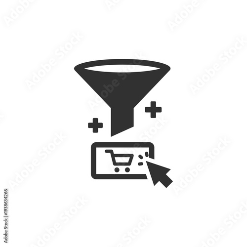 Funnel leading to shopping cart button icon. Online purchase conversion process. Monochrome black and white symbol