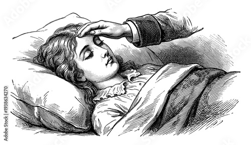 Sick girl in bed with hand on forehead in vintage engraving style