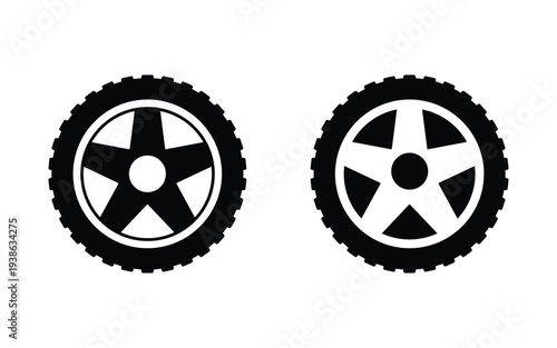 Car wheel icon set.  Black rubber wheel tire collection. Flat car wheel and auto tire icon set with rim and disc designs vector illustration.