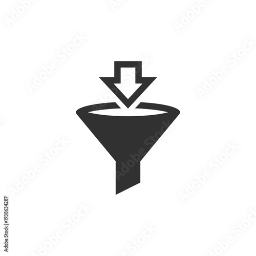 Arrow entering funnel icon. Data input and marketing funnel entry. Monochrome black and white symbol