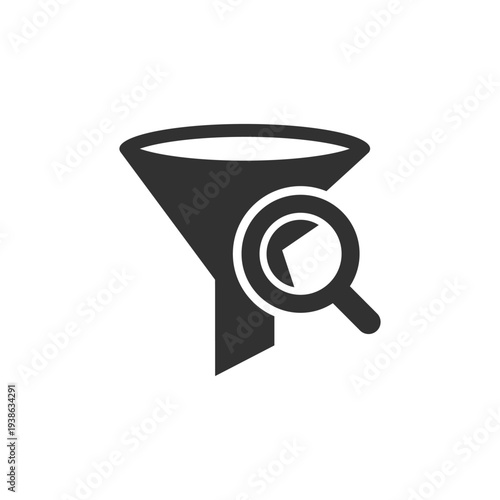 Funnel with magnifying glass icon. Funnel analysis and marketing problem detection. Monochrome black and white symbol