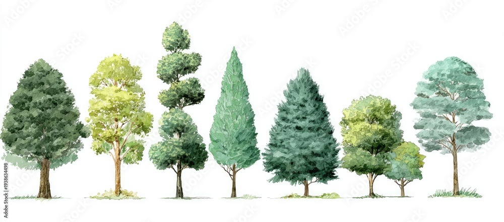 Fototapeta premium Collection of various stylized trees with green foliage, on a white background