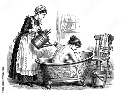 Victorian maid pouring water on woman in clawfoot bathtub engraving