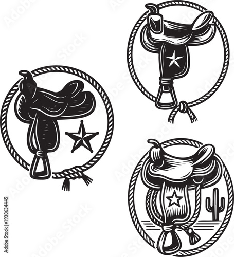 Set of Vintage Cowboy Saddle Illustrations with Rope and Cactus Accents