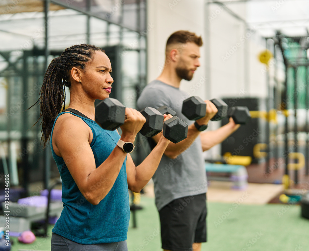 Fototapeta premium Portrait of a young black woman and white man coach or trainer exercising in a gym, lifting weights, dumbbell equipment, healthy lifestyle and strength exercise at fitness club concepts