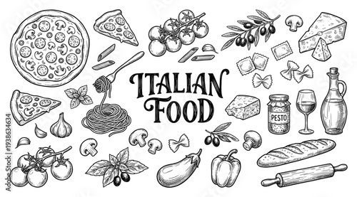 Italian cuisine menu pizza pasta and mediterranean ingredient engraving set