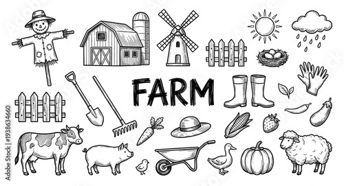 Farm agriculture animal and equipment doodle set in sketch style