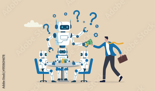 Artificial intelligence AI make money licensing resource AI training payment, automation team investment, robot trading banking concept, AI robot hand giving dollar money businessman.