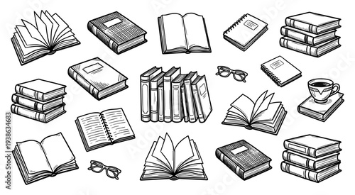 Book and reading element set in hand drawn doodle style