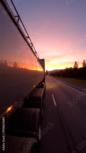 Truck driving on highway at sunset with blurred motion and trees in background