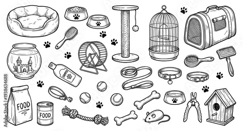 Pet shop supply and care accessory set in hand drawn doodle style