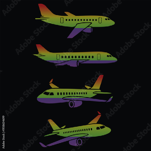 Vibrant Halftone Gradient Airplane Illustration Set, Modern Passenger Jet with 3D Dot Effect.