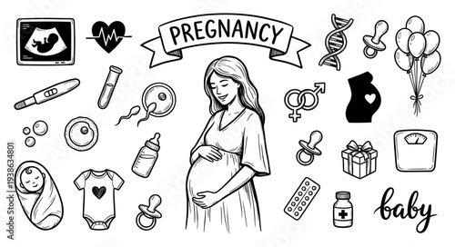 Pregnancy maternity and newborn baby care doodle set