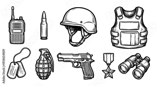 Military equipment and army gear engraving set