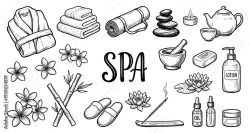 Spa wellness self care and zen relaxation accessory doodle set