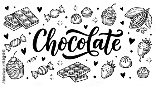 Hand drawn chocolate confectionery and cacao doodle set