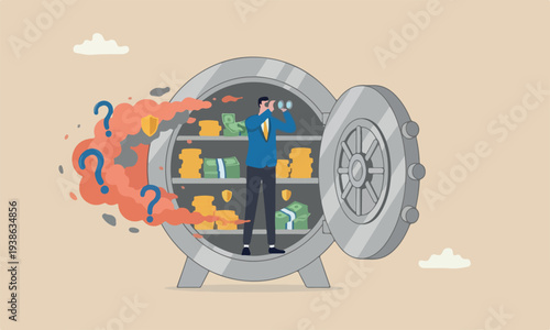 Safe haven investmen see economics situation, protect wealth from inflation, financial security concept, businessman look through binocular from secured open safe.