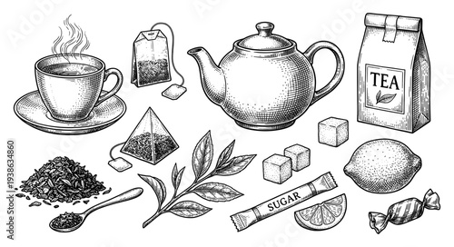 Tea set with teapot cup sugar and lemon vintage engraving