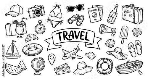 Travel adventure and summer tourism doodle set with airplane suitcase