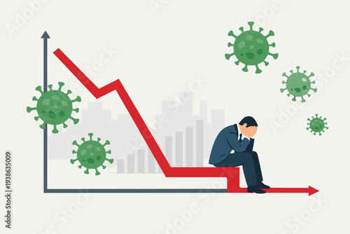 Global Economic Crisis and L-Shaped Recession Caused by Coronavirus COVID-19 Pandemic with Distressed Businessman Sitting on Downward Trend Line Graph Representing Financial Market Crash and