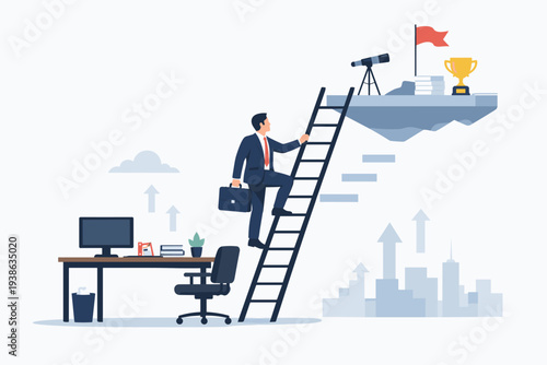 Businessman climbing a ladder of success from his office desk to reach a floating island with a trophy and flag. Concept of career growth, job promotion, professional development, and achievement.