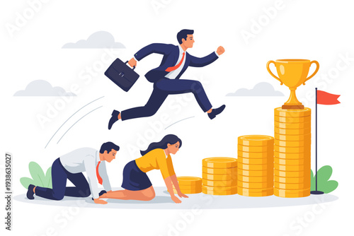 Career Competition and Job Promotion Concept with Selfish Businessman Jumping Over Colleagues to Reach a Gold Trophy on Top of a Stack of Coins, Corporate Rivalry, Ambition, and Success Vector.