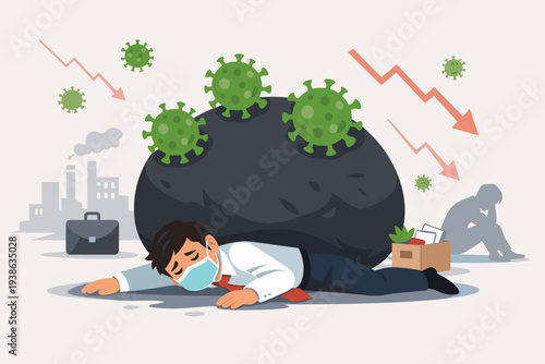 Economic Impact of Coronavirus Pandemic Concept with Businessman Crushed by Heavy Debt Rock and Virus Cells, Symbolizing Financial Crisis, Unemployment, Job Loss, and Global Recession Stress.