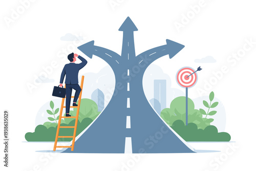 Businessman standing on a ladder looking at a road splitting into three directions with arrows, representing decision making, career choices, goal setting, and strategic planning for success.