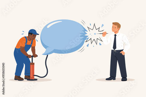 Inequality and injustice concept with a Black worker pumping up a speech bubble while a white businessman pops it with a needle, representing systemic racism and silencing of voices in society.