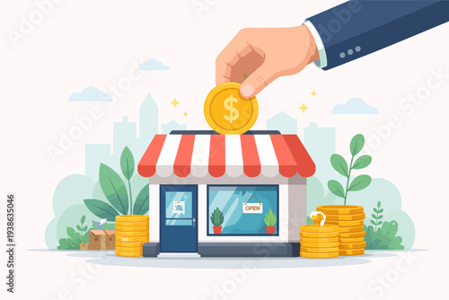 Hand putting a dollar coin into a small business store building, representing startup funding, investment, banking loan for new business growth, financial support, and retail entrepreneurship.